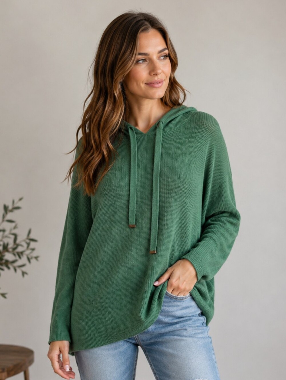 Cyrus Sage Green Waffle Knit Hoodie Sweater Dolman Slouchy Cozy Chic S